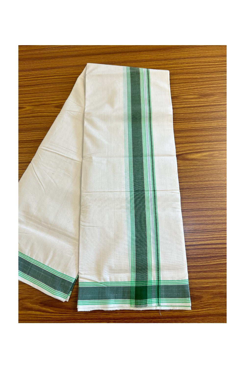 30% Discount!!! KaithariKada HANDLOOM Millpaav Balaramapuram - 100% PURE Cotton off white (Unbleached) Double Mundu/Dhoti - Dark green & Lime green stripes kara - 36KK458SOM