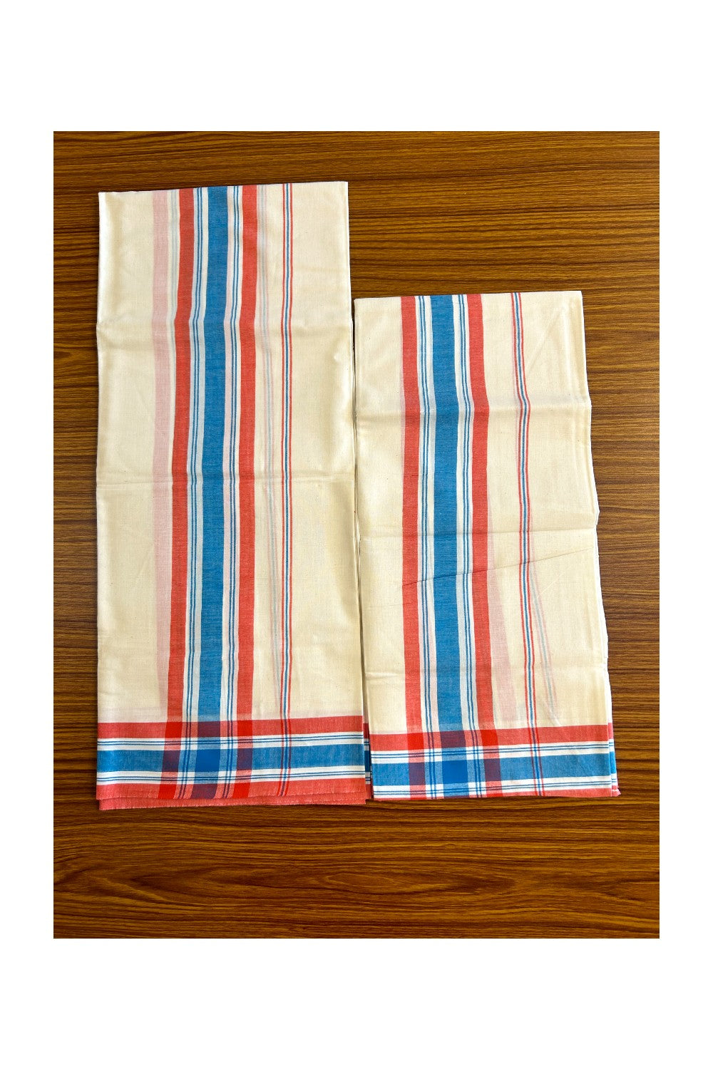 15% Discount!! KaithariKada - Kerala Cotton Single Set Mundu - EXTRA LENGTH - Red & Blue Mulloth Kara- 36KK472CKA