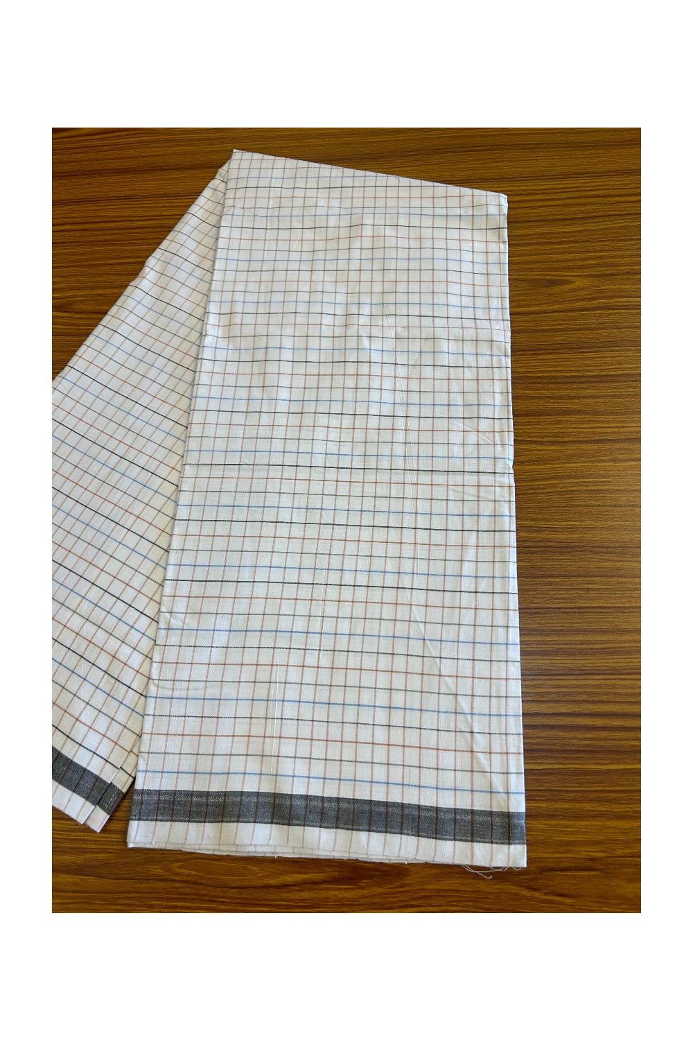 10% Discount! KaithariKada Kalamachal 100% Pure Cotton - (80X80) Twisted Thread Handloom Single Mundu/Dhoti - White Check Colour Body & Brown Blue Black striped Kara- 36KK479KAL
