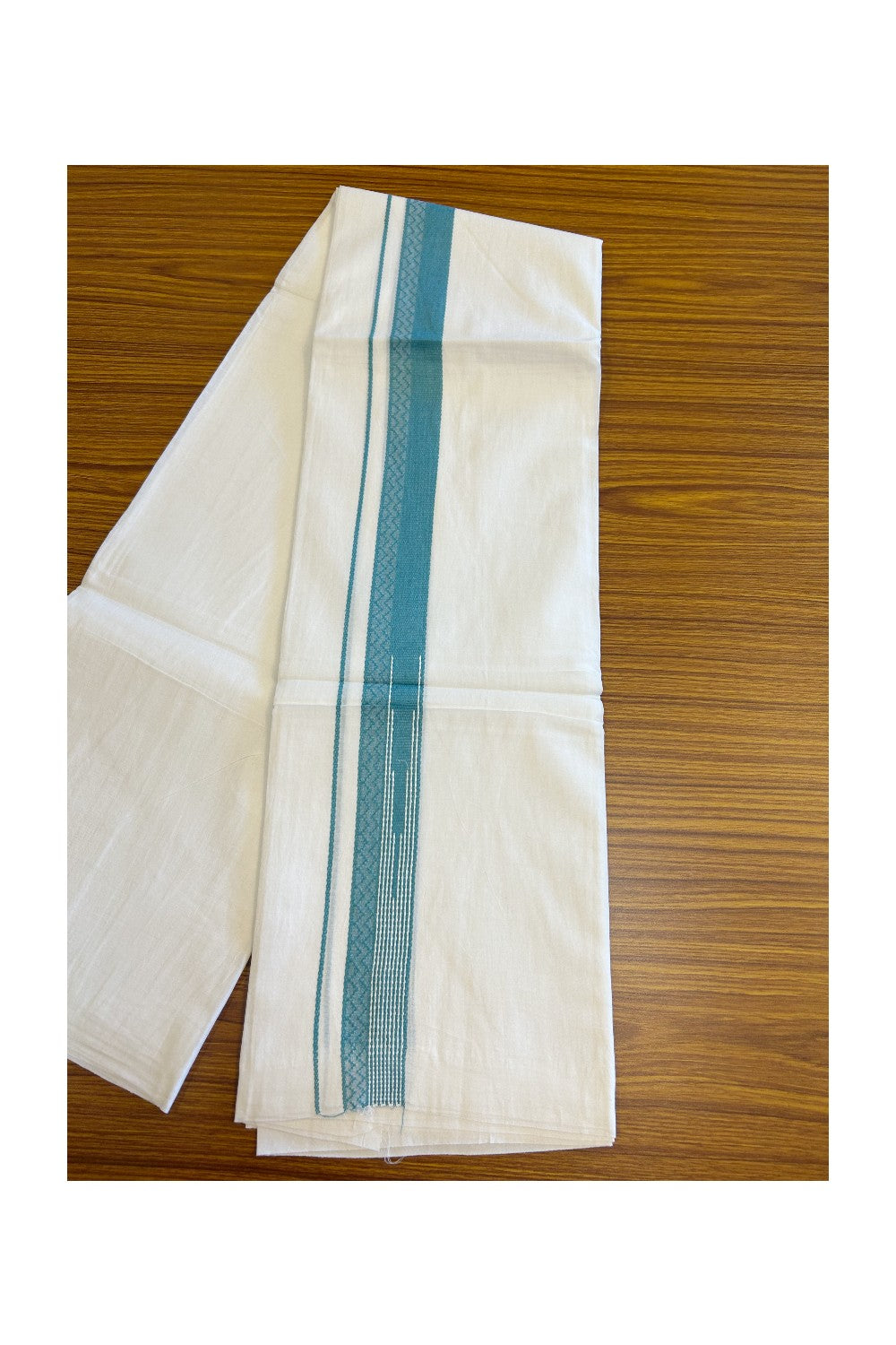 20% DISCOUNT!! Kaitharikada Balaramapuram 100% Cotton PURE WHITE Double Mundu/Dothi - 80X90 - 1.5 Inch Marine Teal Blue design Kara 3.70 m (8 Muzham) - 55KK5115THI