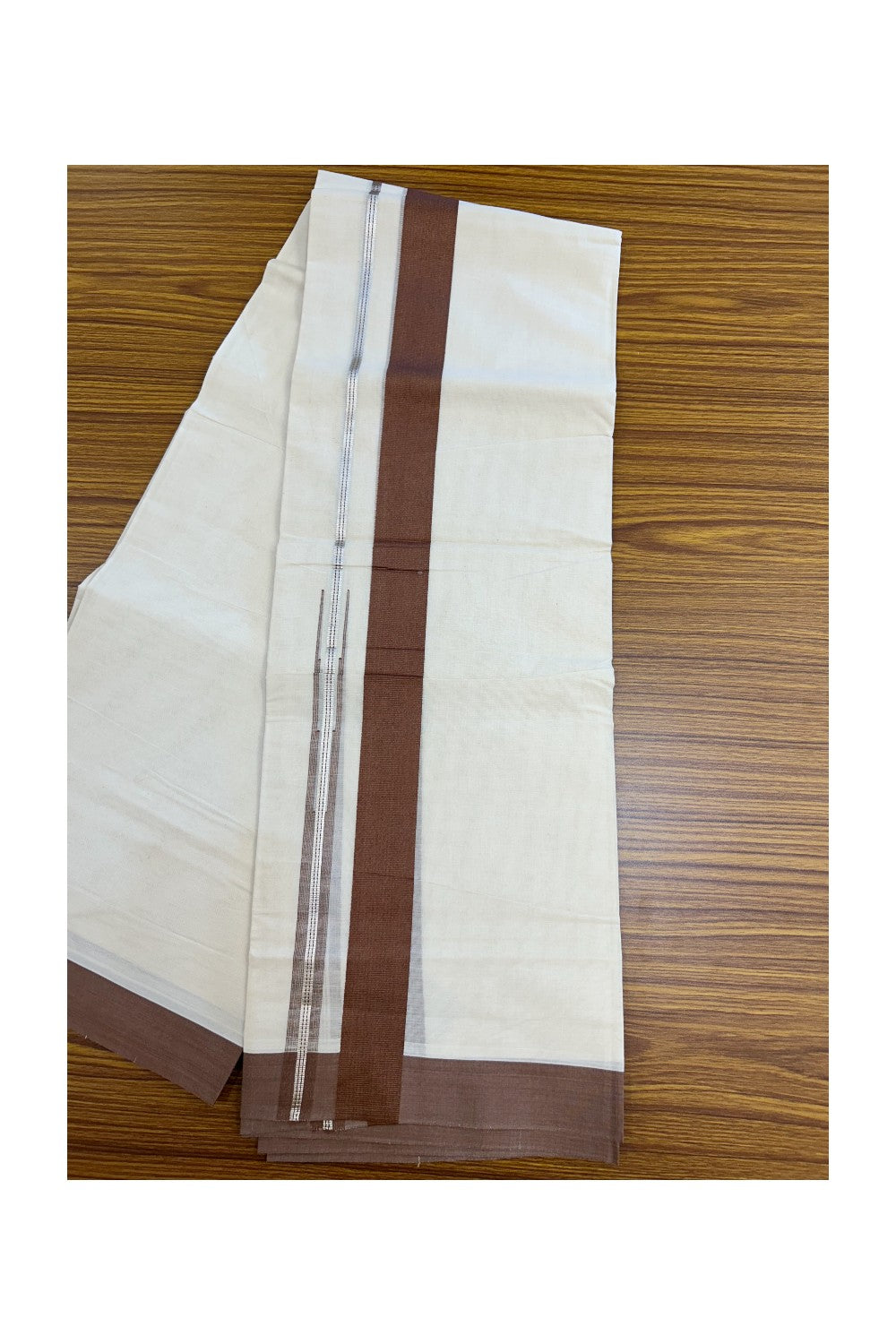 20% Discount ! KaithariKada Balaramapuram 100% Cotton Double OFF WHITE - (Unbleached) - Mundu / Dhoti- 100x80 - Puliyilakkara 1.5 inch Silver kasavu Walnut brown striped chutty - 36KK5213 VIN