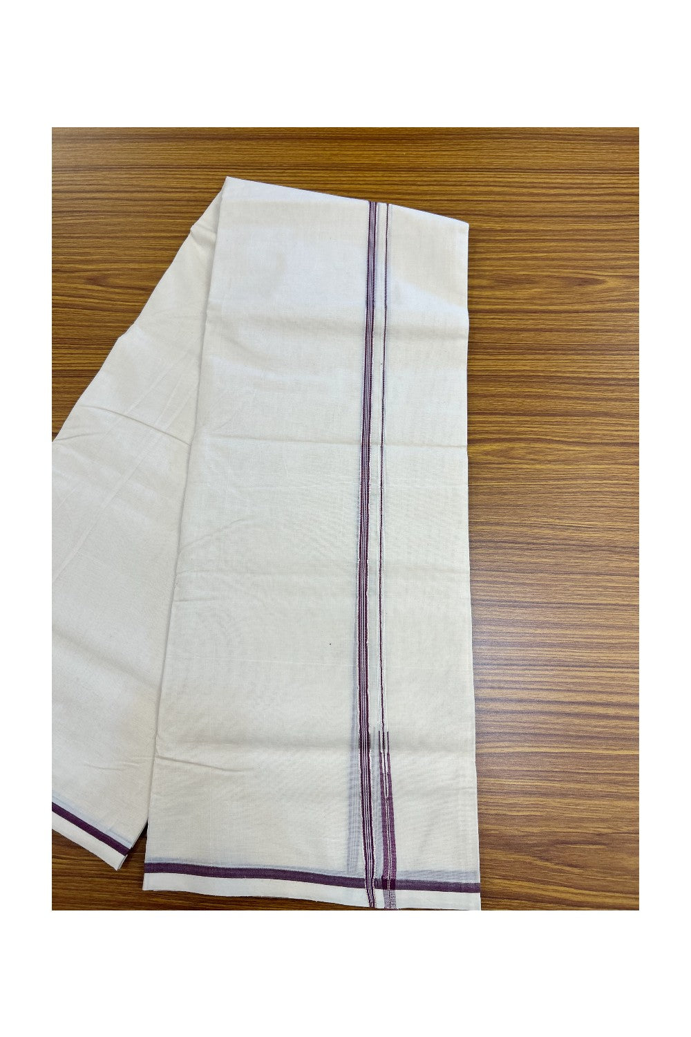 20% Discount ! KaithariKada Balaramapuram 100% Cotton Double Off white - (Unbleached) Mundu/Dhoti-100x100 - 1 cm Puliyilakkara Silver Kasavu & Wine Purple Striped Chutty kara - 36KK5218ASH