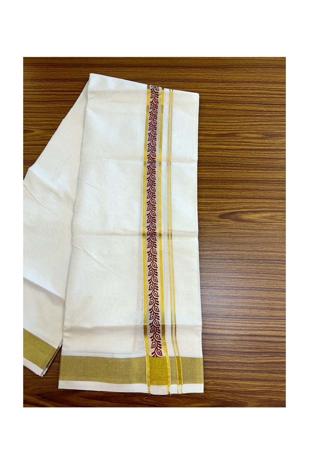 22% Discount!! KaithariKada Balaramapuram 100% Cotton DOUBLE OFF WHITE - (Ubleached) Mundu/Dhoti - 80x90 - 1.5 inch Gold Kasavu with Maroon Leaf Printed Design Kara - 36KK5219 GAN