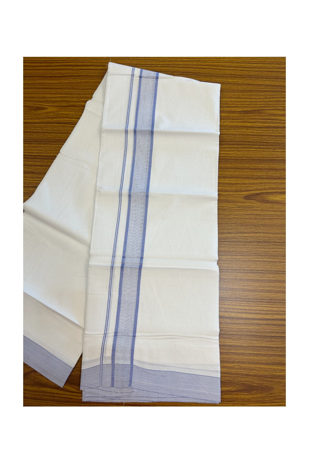 20% Discount ! Kaitharikada Balaramapuram 100% Cotton PURE WHITE Double Mundu/Dothi - 100x80 - 1.5 inch Lavender Blue Striped Kara 3.75 mtr (8 muzham) - 36KK5220 THI