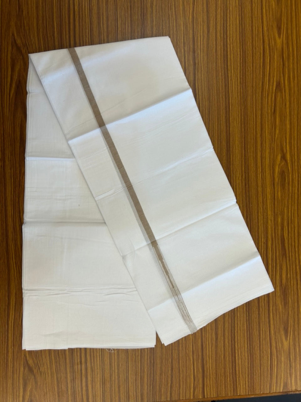 20% DISCOUNT!! NEW!! KaithariKada Balaramapuram 100% Cotton PURE WHITE Double Mundu/Dhoti - (100x80)s - 0.5 inch Light Sand Brown Kara chutty - 36 KK5249 VIN