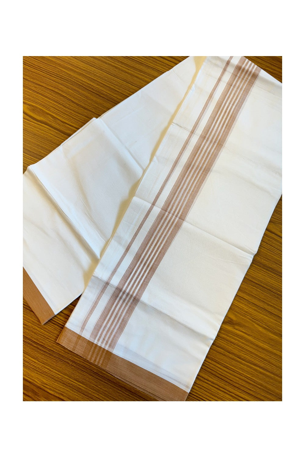 19% DISCOUNT!!! KaithariKada Balaramapuram 100% Cotton Double PURE white Mundu/Dhoti-100x100 2.5 Inch light brown striped kara - 36KK83VIN