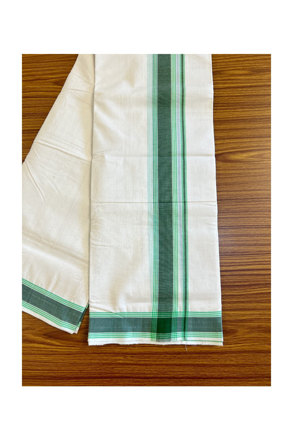 30% Discount!!! KaithariKada HANDLOOM Millpaav Balaramapuram - 100% PURE Cotton off white (Unbleached) Double Mundu/Dhoti - Dark green & Lime green stripes kara - 36KK458SOM