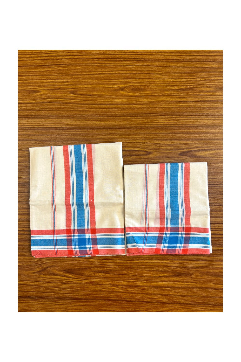 15% Discount!! KaithariKada - Kerala Cotton Single Set Mundu - EXTRA LENGTH - Red & Blue Mulloth Kara- 36KK472CKA
