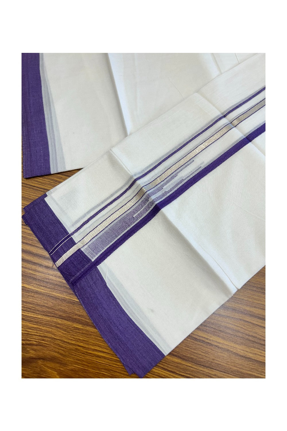 20% Discount ! Kaitharikada Balaramapuram 100% Cotton PURE WHITE Double Mundu/Dothi - 100x80 - 1.5 inch Silver Kasavu & Violet Striped chutty kara - 36KK5183VIN