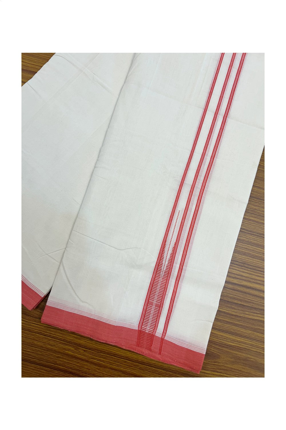 25% DISCOUNT!! KaithariKada HANDLOOM UNAKKUPAAV Balaramapuram - 100% PURE Cotton OFF White - (Unbleached) Double Mundu/Dothi - 80X100 - 1 inch Puliyilakkara Reddish Peach Striped Chutty Kara 3.80 meter (8.5 Muzham) - 36KK5209 REA