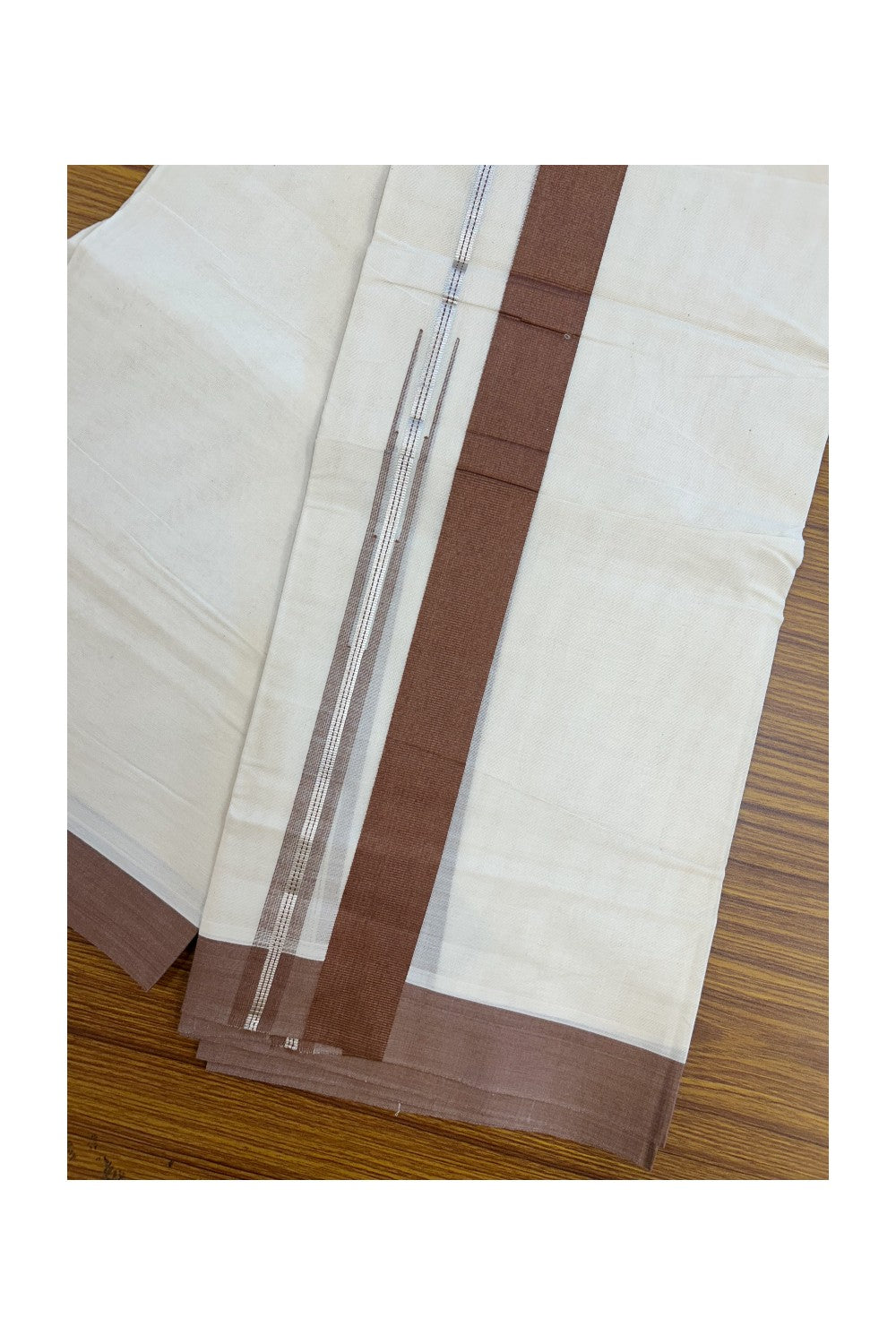20% Discount ! KaithariKada Balaramapuram 100% Cotton Double OFF WHITE - (Unbleached) - Mundu / Dhoti- 100x80 - Puliyilakkara 1.5 inch Silver kasavu Walnut brown striped chutty - 36KK5213 VIN