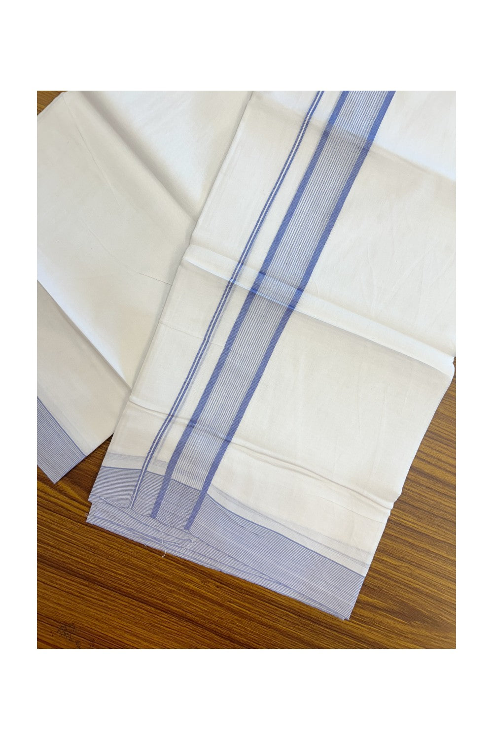 20% Discount ! Kaitharikada Balaramapuram 100% Cotton PURE WHITE Double Mundu/Dothi - 100x80 - 1.5 inch Lavender Blue Striped Kara 3.75 mtr (8 muzham) - 36KK5220 THI