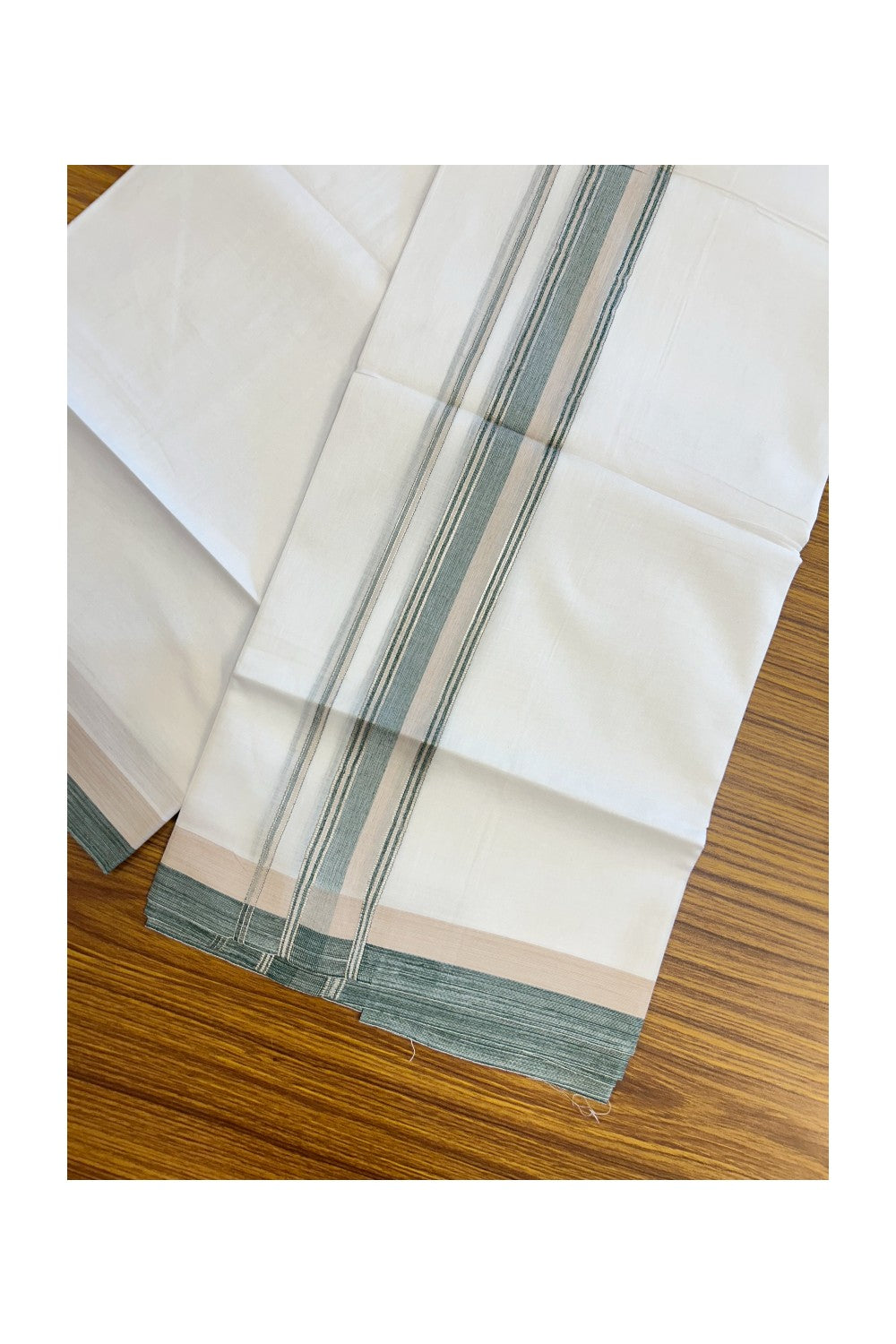 20% DISCOUNT! KaithariKada Balaramapuram 100% Cotton Double Pure white Mundu/Dhoti- 100x80 - 1.5 inch Silver Kasavu Green & Cream Shaded Striped Kara - 3.84mtr ( 8 muzham) - 36KK5227 PMC