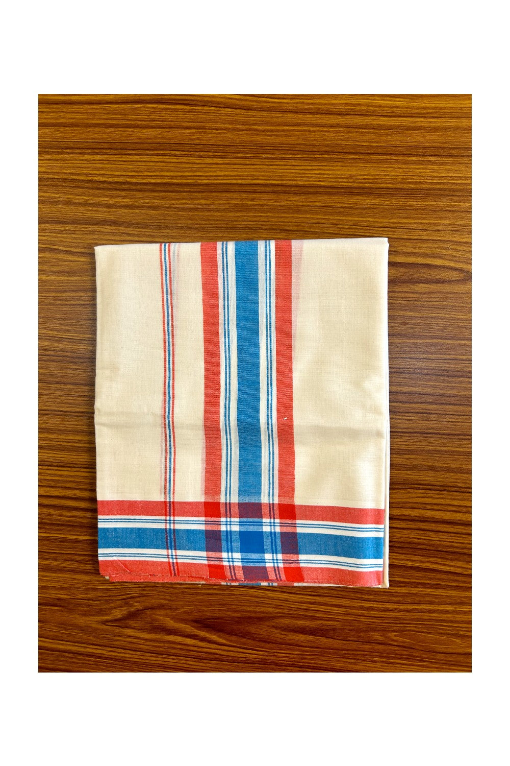 15% Discount!! KaithariKada - Kerala Cotton SINGLE SET MUND FOR WOMEN - EXTRA LENGTH - Red & Blue Mulloth Kara- 36KK472CKA