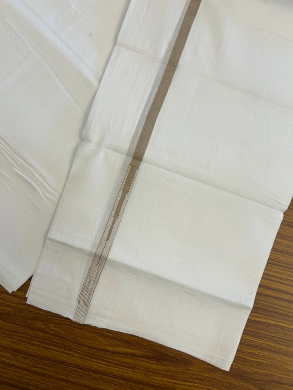 20% DISCOUNT!! NEW!! KaithariKada Balaramapuram 100% Cotton PURE WHITE Double Mundu/Dhoti - (100x80)s - 0.5 inch Light Sand Brown Kara chutty - 36 KK5249 VIN