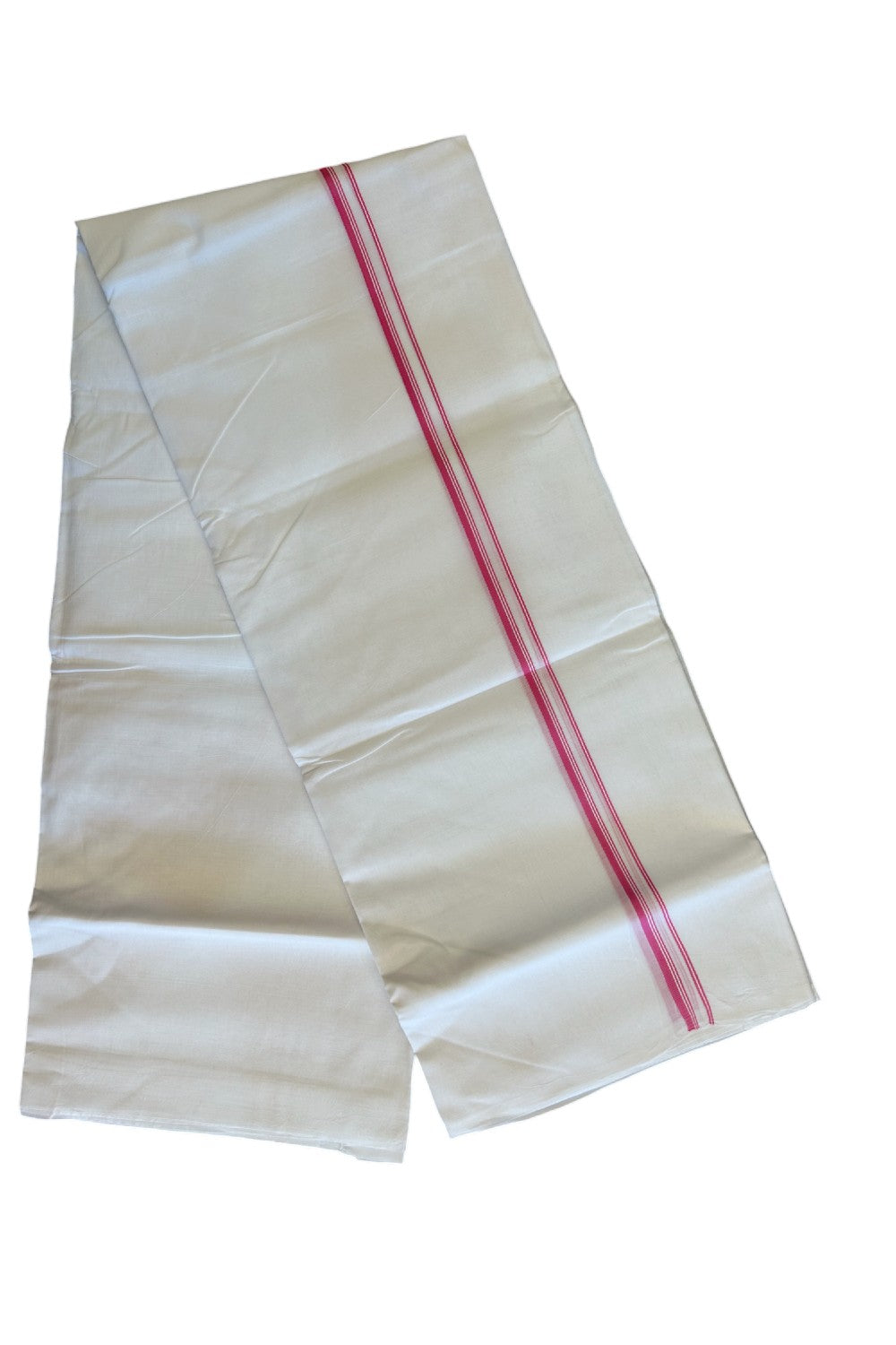 26% DISCOUNT ! KaithariKada Balaramapuram 100% Cotton Double Pure white Mundu/Dhoti-100X100 - Light Pink & Stripes 2cm Kara.- 32KK487KK