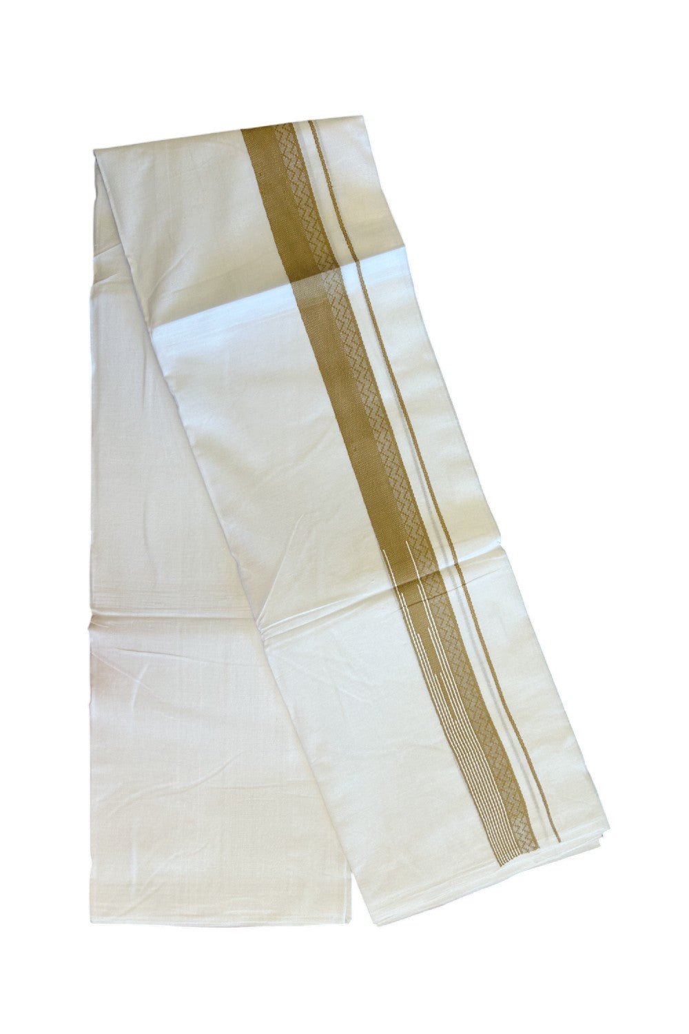 20% DISCOUNT!! Kaitharikada Balaramapuram 100% Cotton PURE WHITE Double Mundu/Dothi - 80X90 - 1.5 Inch Golden Brown design Kara 3.70 m (8 Muzham) - 56KK5115THI