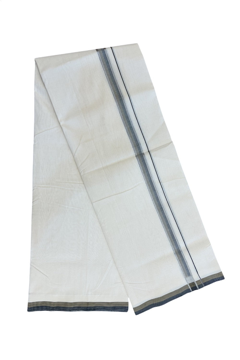 25% DISCOUNT!! KaithariKada HANDLOOM UNAKKUPAAV Balaramapuram - 100% PURE Cotton OFF White - (Unbleached) Double Mundu/Dothi - 120(Twisted) x 100 -0.75 inch Silver Kasavu Black & Peanut Brown Striped Kara - 37KK5209 REA