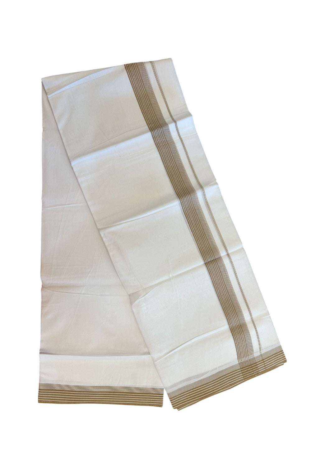 20% Discount ! Kaitharikada Balaramapuram 100% Cotton PURE WHITE Double Mundu/Dothi - 100x80 - 1.25 inch Brown Striped Kara 3.75 mtr (8 muzham) - 37KK5220 THI