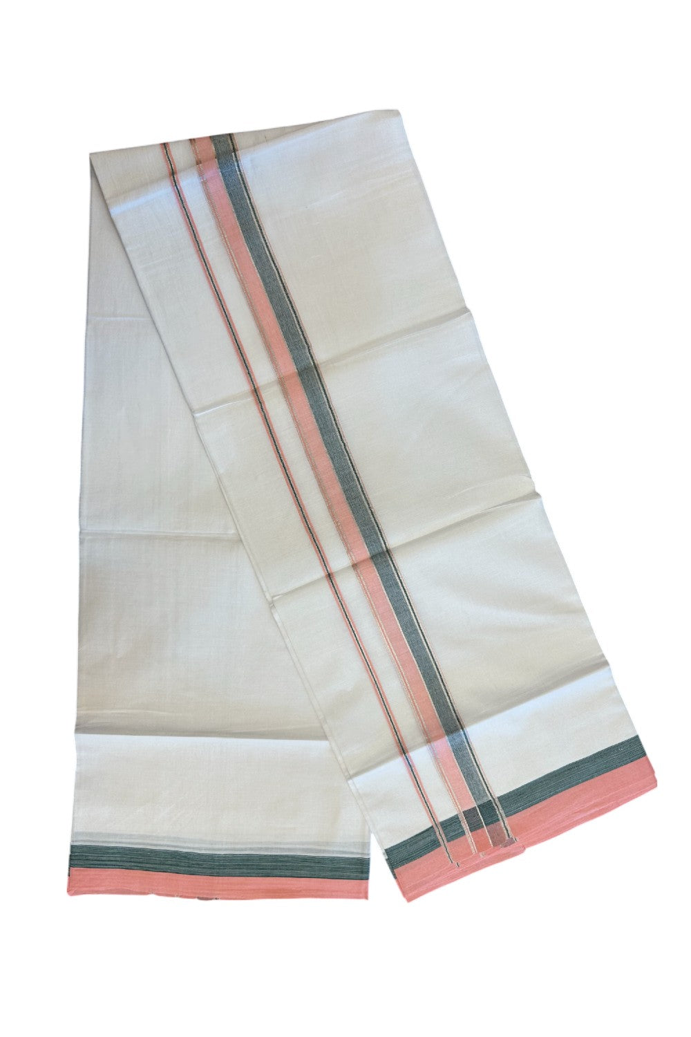20% DISCOUNT! KaithariKada Balaramapuram 100% Cotton Double Pure white Mundu/Dhoti- 100x80 - 1.25 inch Silver Kasavu Green & Rose Pink Shaded Striped Kara - 3.84mtr ( 8 muzham) - 37KK5227 PMC