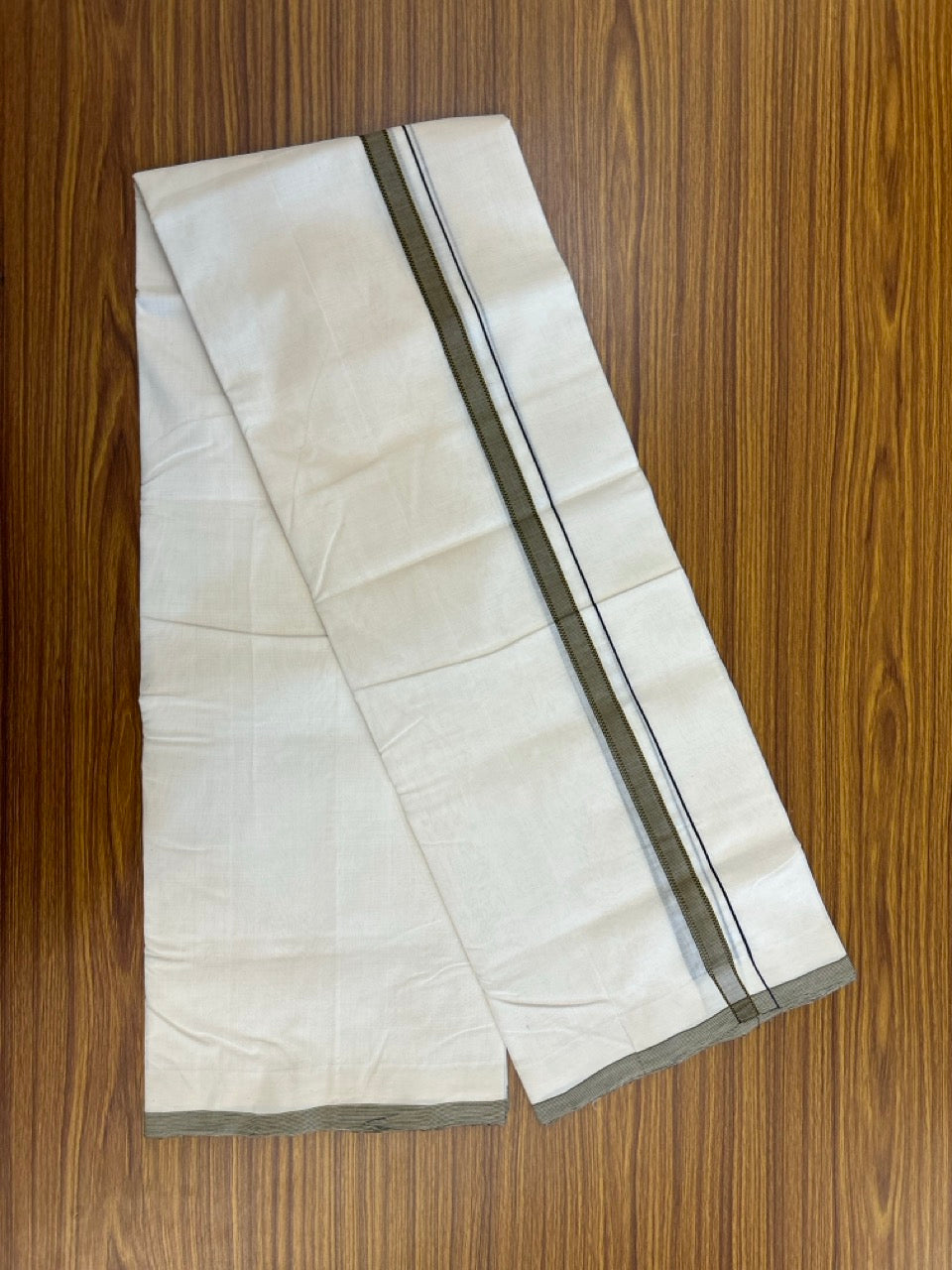 25% DISCOUNT!! KaithariKada HANDLOOM UNAKKUPAAV Balaramapuram - 100% PURE Cotton OFF White - (Unbleached) Double Mundu/Dothi - 100 x 80 - 0.5 inch Sand Yellow Black 3.80 meter (8.5 mulam) - 37 KK5249 REA
