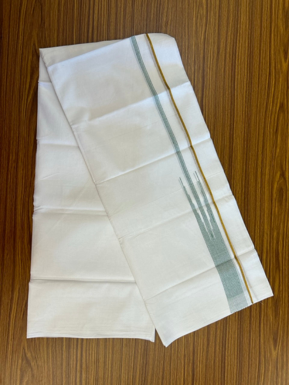 24% Discount! KaithariKada Balaramapuram 100% Cotton Pure white Double Mundu/Dhoti - (100x80)s - 1.5 inch Puliyilakkara Green Stripes Chutty Gold Kasav - 37 KK5258 THI