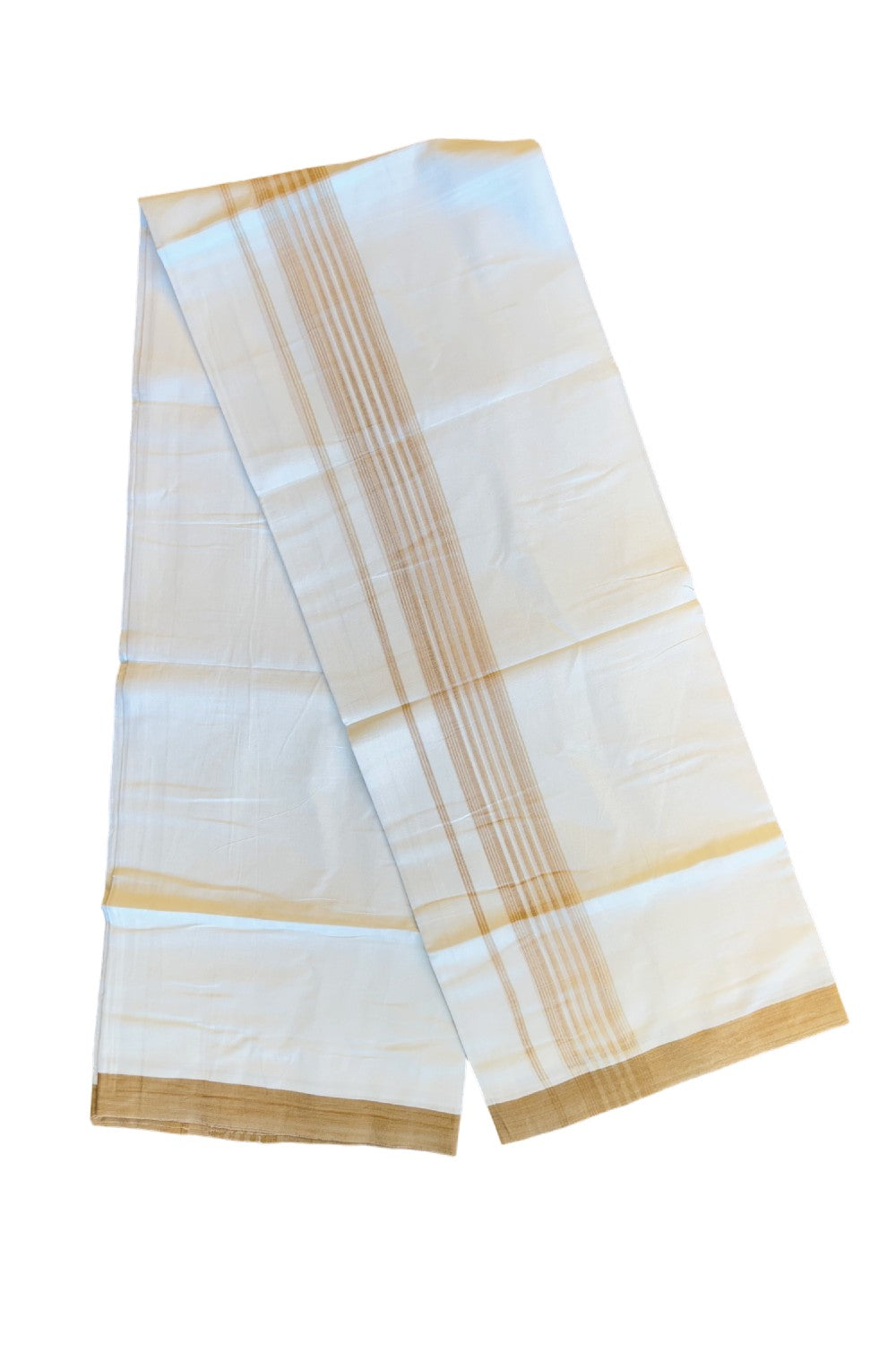 19% DISCOUNT!!! KaithariKada Balaramapuram 100% Cotton Double PURE white Mundu/Dhoti-100x100 2.75 Inch sand brown striped kara - 37KK83VIN
