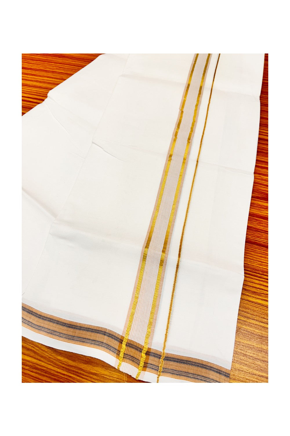 25% OFFER! KaithariKada 100% Cotton Balaramapuram HANDLOOM Single PURE WHITE Mundu/Dhoti - 2 inch (2 meter / 4 muzham) Light Brown Kasavu Kara & Stripes Design - 37KAI.