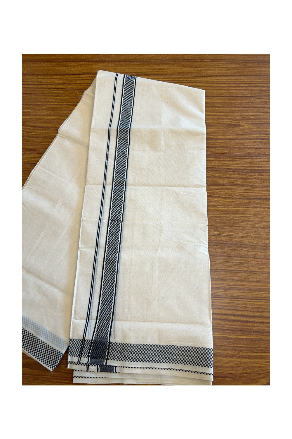 20% DISCOUNT ! KaithariKada Balaramapuram 100% Cotton off white (Unbleached) Double Mundu/Dhoti - 100X90 - Black check design kara - 37KK5113pmc