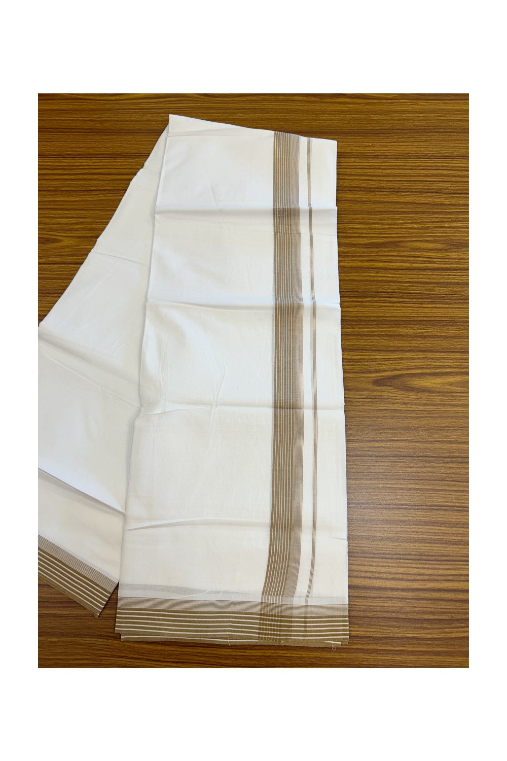 20% Discount ! Kaitharikada Balaramapuram 100% Cotton PURE WHITE Double Mundu/Dothi - 100x80 - 1.25 inch Brown Striped Kara 3.75 mtr (8 muzham) - 37KK5220 THI