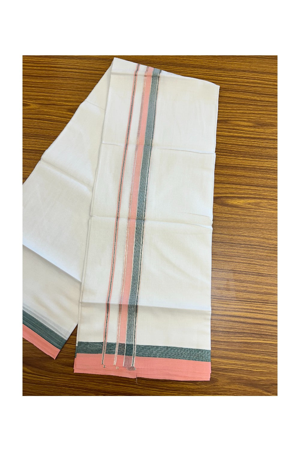 20% DISCOUNT! KaithariKada Balaramapuram 100% Cotton Double Pure white Mundu/Dhoti- 100x80 - 1.25 inch Silver Kasavu Green & Rose Pink Shaded Striped Kara - 3.84mtr ( 8 muzham) - 37KK5227 PMC