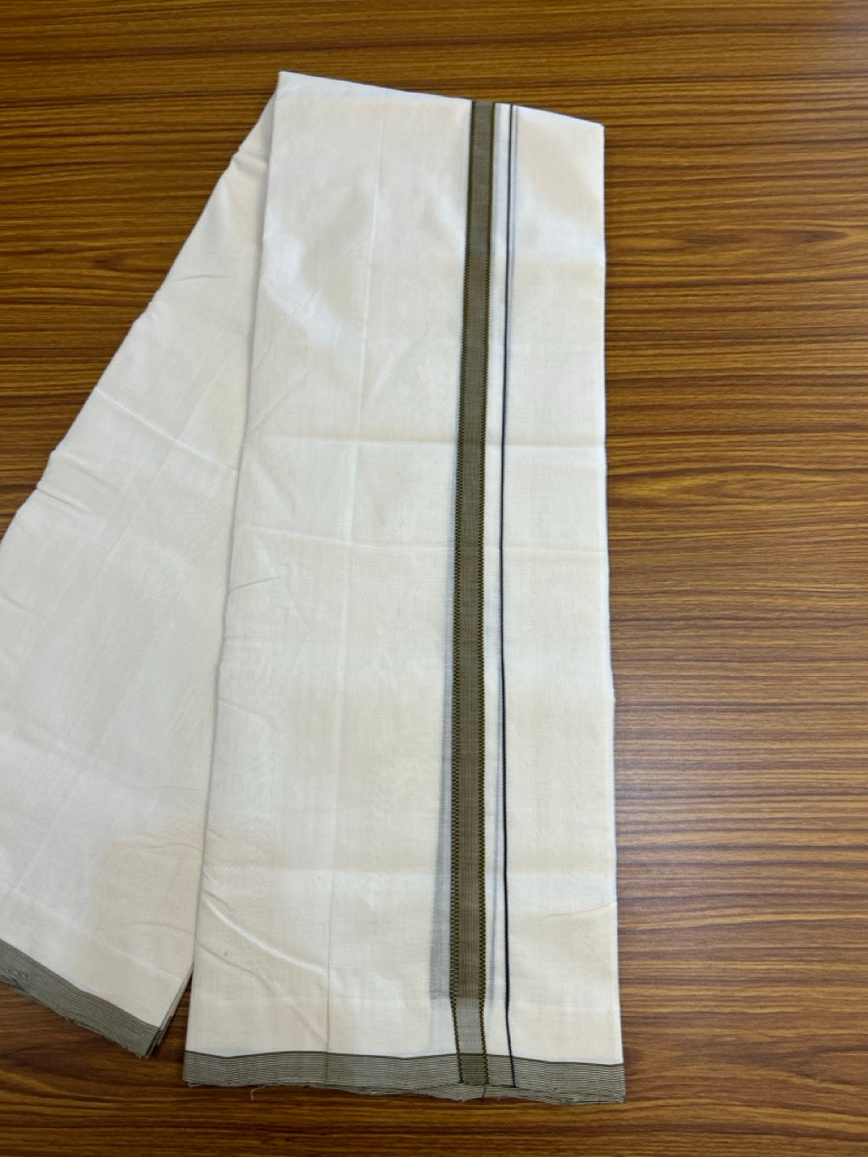 25% DISCOUNT!! KaithariKada HANDLOOM UNAKKUPAAV Balaramapuram - 100% PURE Cotton OFF White - (Unbleached) Double Mundu/Dothi - 100 x 80 - 0.5 inch Sand Yellow Black 3.80 meter (8.5 mulam) - 37 KK5249 REA