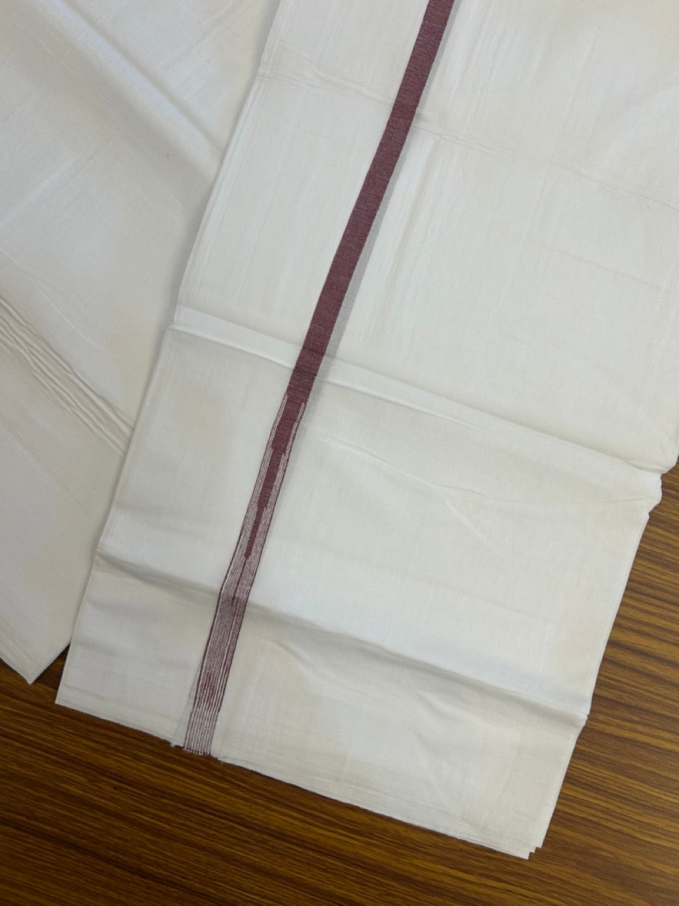20% DISCOUNT!! NEW!! KaithariKada Balaramapuram 100% Cotton PURE WHITE Double Mundu/Dhoti - (100x80)s - 0.5 inch Dark Magenta Kara chutty - 37 KK5249 VIN