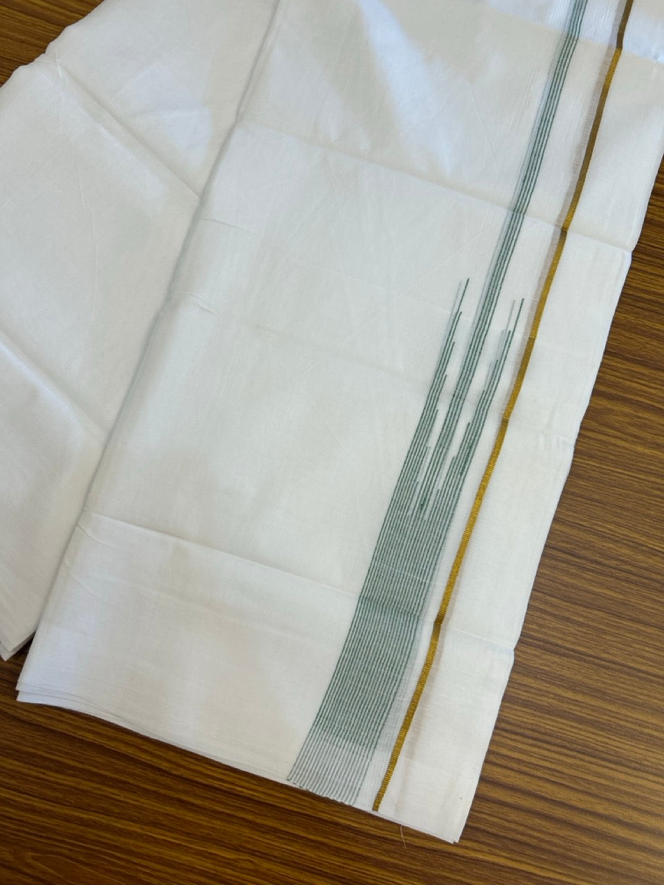 24% Discount! KaithariKada Balaramapuram 100% Cotton Pure white Double Mundu/Dhoti - (100x80)s - 1.5 inch Puliyilakkara Green Stripes Chutty Gold Kasav - 37 KK5258 THI