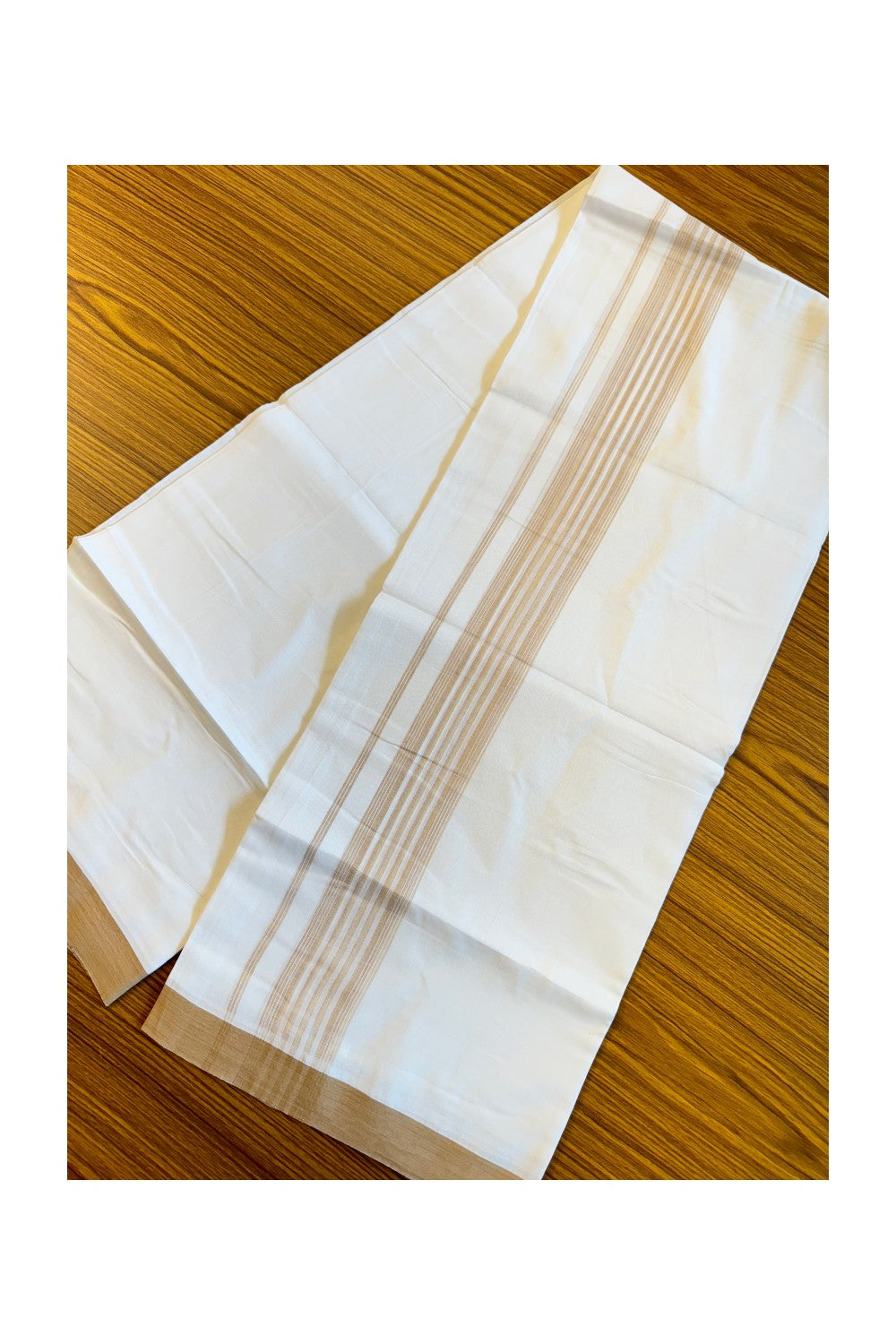 19% DISCOUNT!!! KaithariKada Balaramapuram 100% Cotton Double PURE white Mundu/Dhoti-100x100 2.75 Inch sand brown striped kara - 37KK83VIN