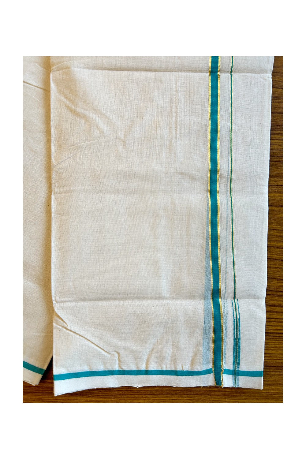 25% Discount KaithariKada Handloom Millpaav Balaramapuram - 100% Pure Cotton off white - (Unbleached) Double Mundu/Dhoti - Puliyilakkara 1.5 cm Kasav & Peacock green Chutty - 37KK456KK