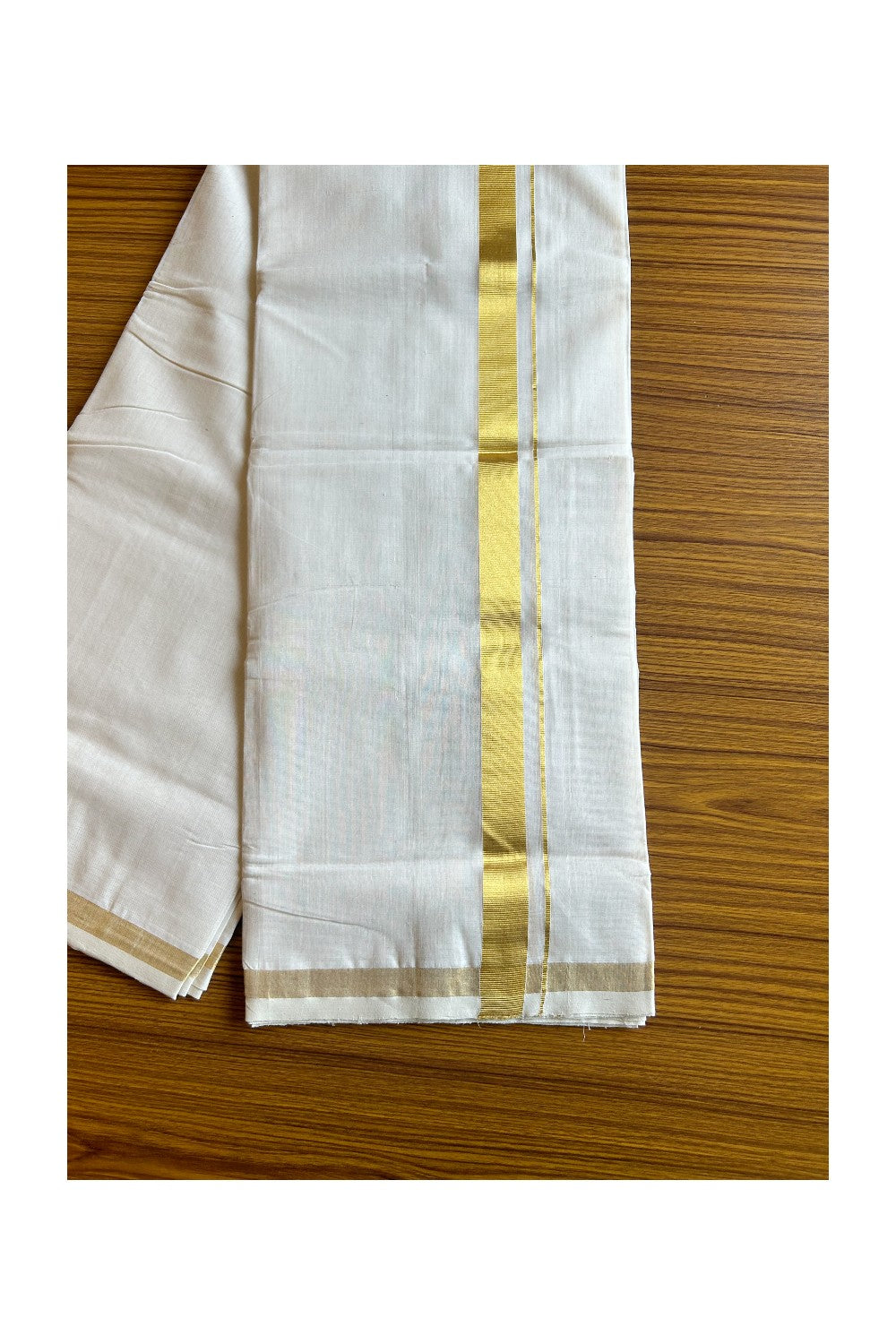 25% Discount!! KaithariKada Handloom Millpaav Balaramapuram - 100% Pure Cotton Off White - (Unbleached) Double Mundu/Dothi - 1.65 inch Kasavu kara - 37KK462RAM