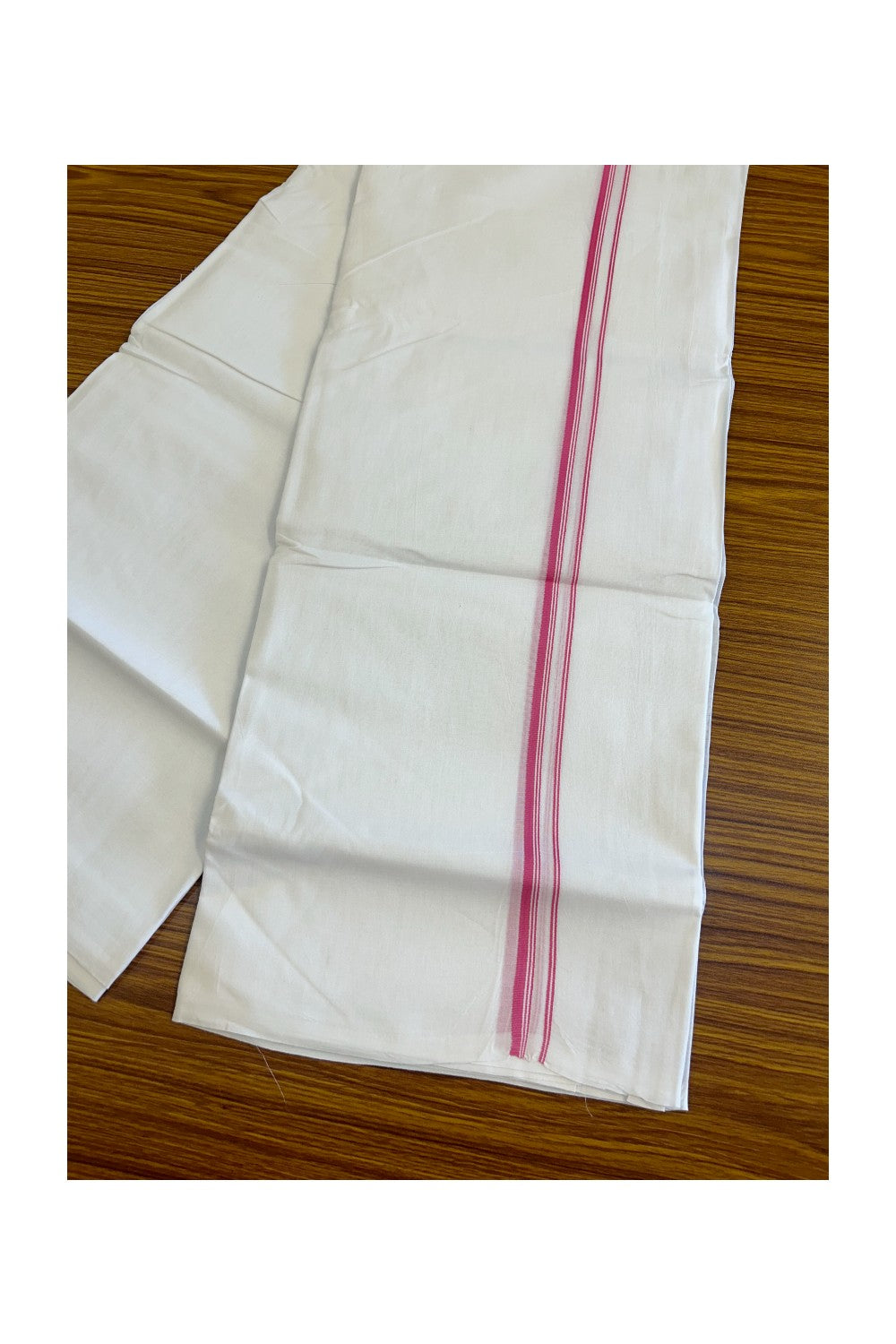 26% DISCOUNT ! KaithariKada Balaramapuram 100% Cotton Double Pure white Mundu/Dhoti-100X100 - Light Pink & Stripes 2cm Kara.- 32KK487KK