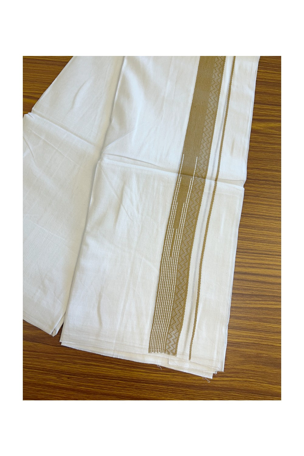 20% DISCOUNT!! Kaitharikada Balaramapuram 100% Cotton PURE WHITE Double Mundu/Dothi - 80X90 - 1.5 Inch Golden Brown design Kara 3.70 m (8 Muzham) - 56KK5115THI