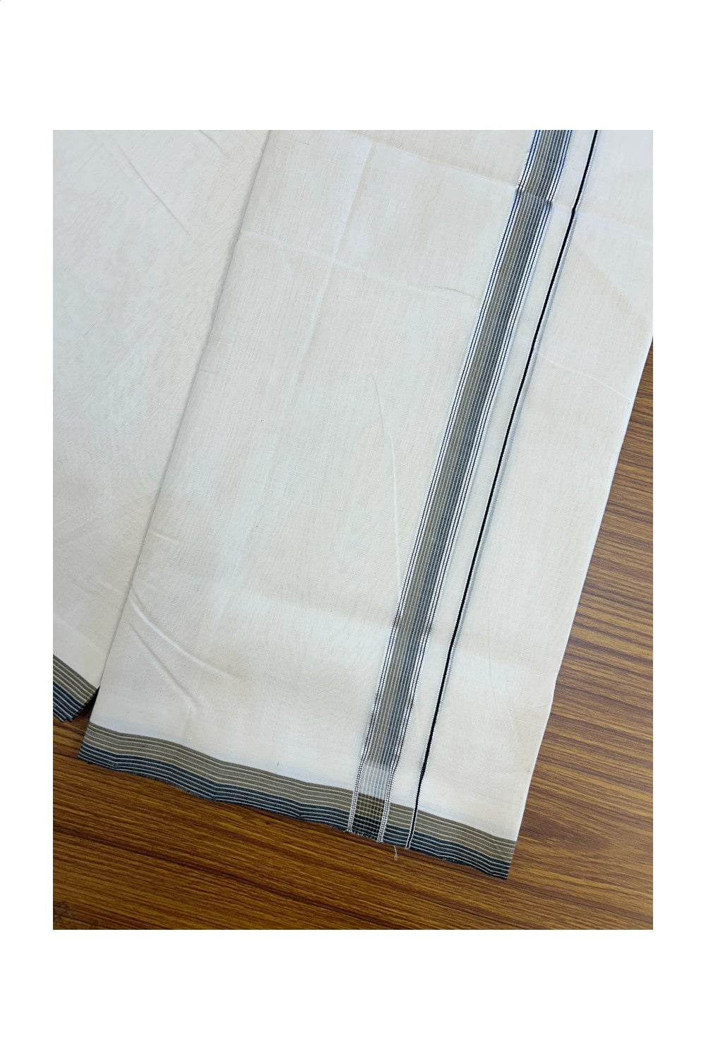 25% DISCOUNT!! KaithariKada HANDLOOM UNAKKUPAAV Balaramapuram - 100% PURE Cotton OFF White - (Unbleached) Double Mundu/Dothi - 120(Twisted) x 100 -0.75 inch Silver Kasavu Black & Peanut Brown Striped Kara - 37KK5209 REA