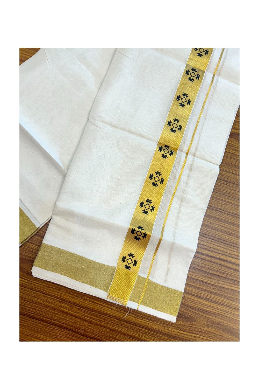 22% Discount!! KaithariKada Balaramapuram 100% Cotton DOUBLE OFF WHITE - (Ubleached) Mundu/Dhoti - 80x90 - 1.5 inch Gold Kasavu with Black Printed Design Kara - 37KK5219 GAN