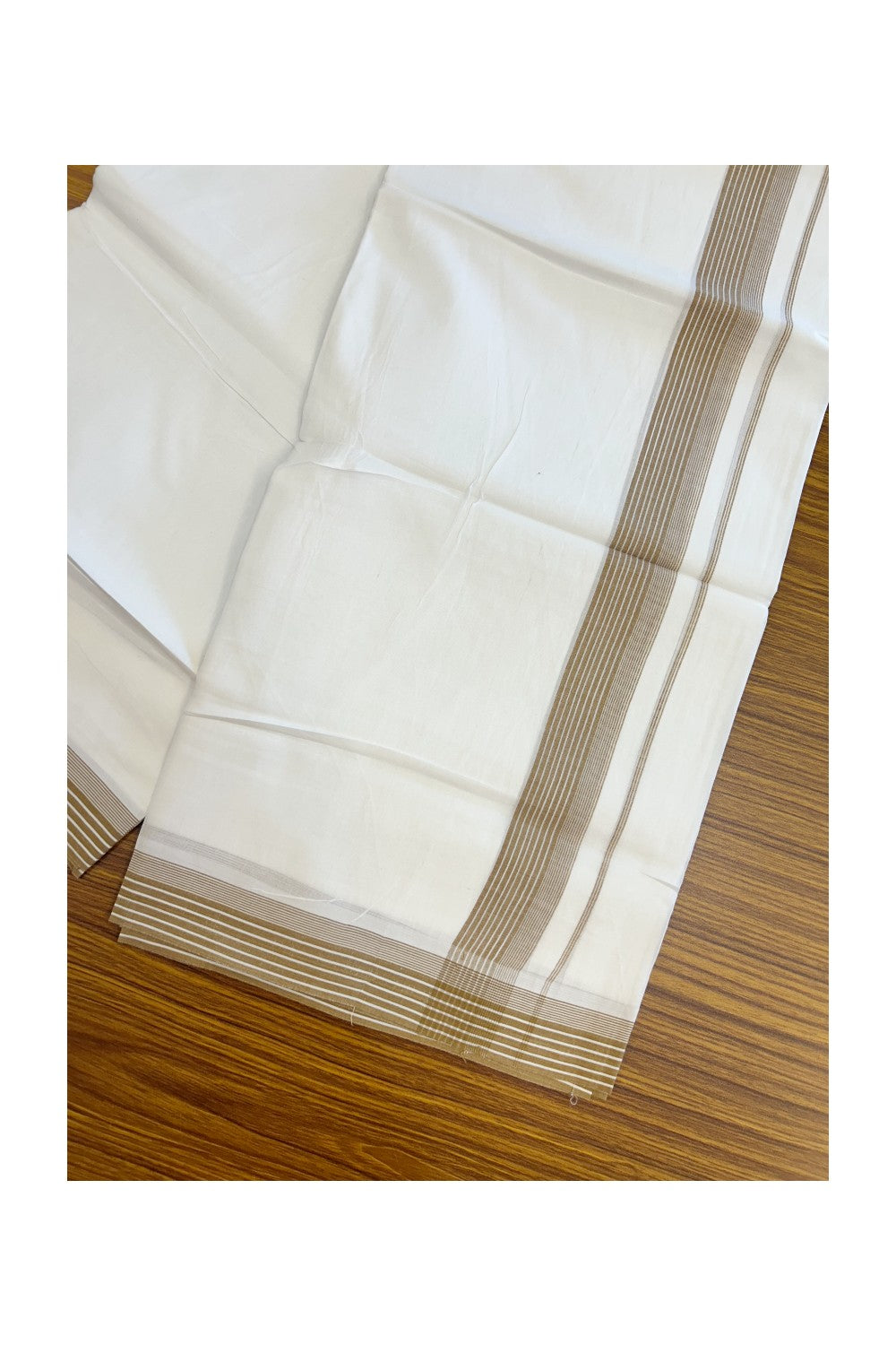 20% Discount ! Kaitharikada Balaramapuram 100% Cotton PURE WHITE Double Mundu/Dothi - 100x80 - 1.25 inch Brown Striped Kara 3.75 mtr (8 muzham) - 37KK5220 THI