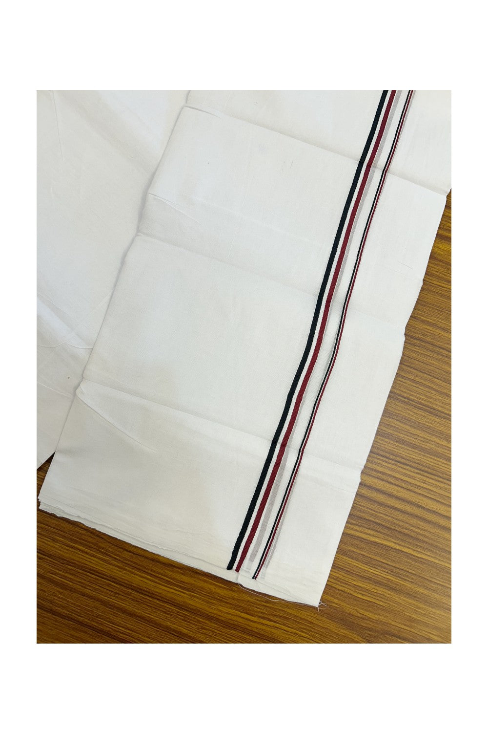 ADMK VESHTI - 20% DISCOUNT! KaithariKada 100% Cotton PURE WHITE Double Mundu/Dhoti - 100X100 - 0.5 inch Black White & Maroon kara 4 mtr (8.5 muzham) - 36KK5224 ASH