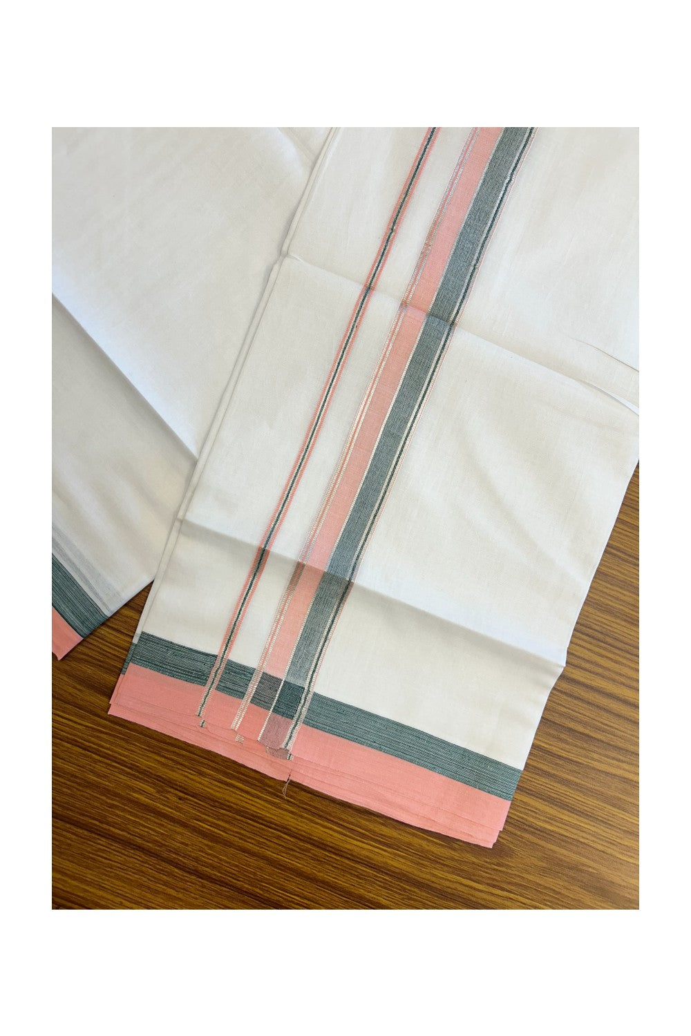 20% DISCOUNT! KaithariKada Balaramapuram 100% Cotton Double Pure white Mundu/Dhoti- 100x80 - 1.25 inch Silver Kasavu Green & Rose Pink Shaded Striped Kara - 3.84mtr ( 8 muzham) - 37KK5227 PMC