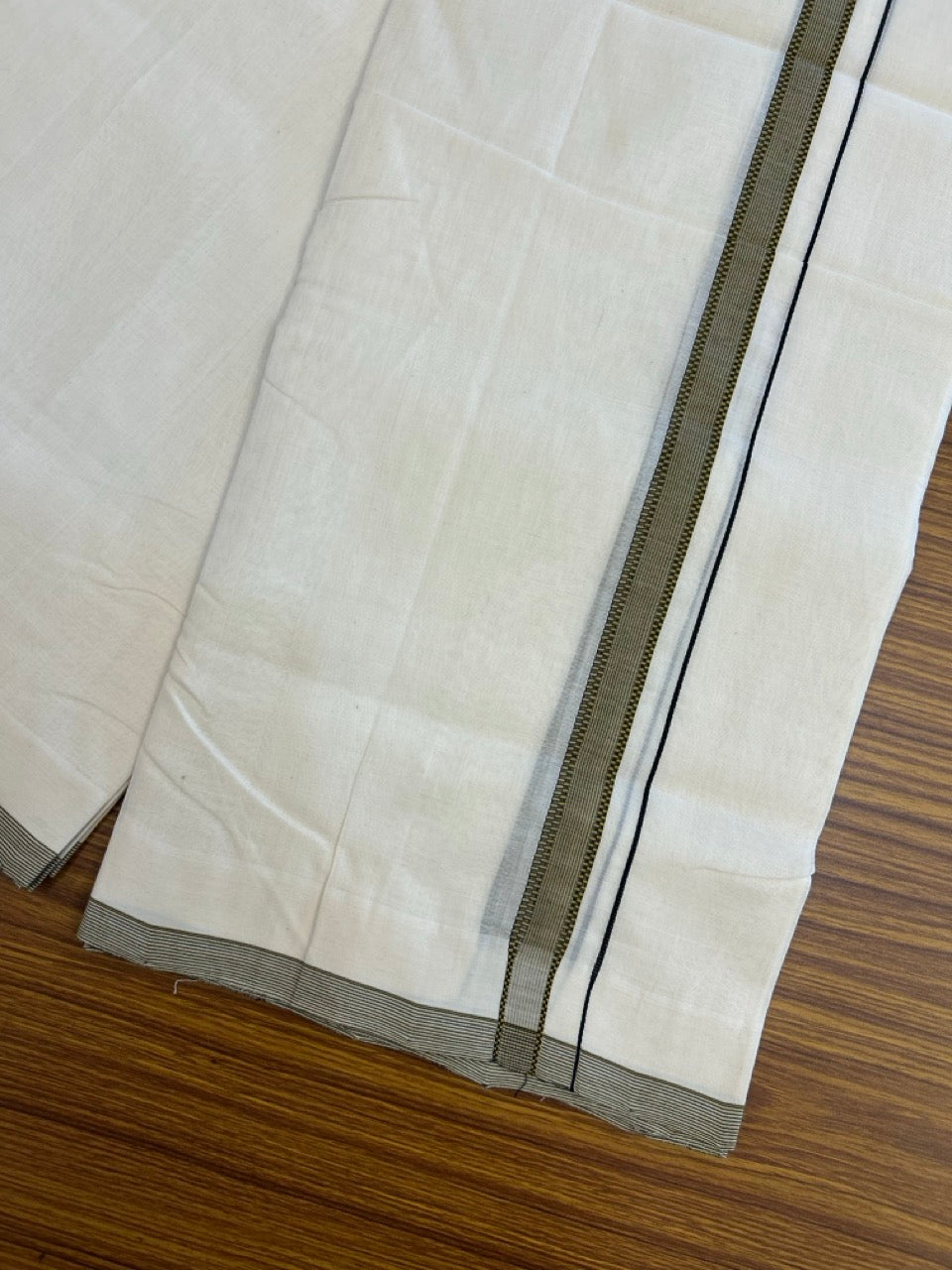 25% DISCOUNT!! KaithariKada HANDLOOM UNAKKUPAAV Balaramapuram - 100% PURE Cotton OFF White - (Unbleached) Double Mundu/Dothi - 100 x 80 - 0.5 inch Sand Yellow Black 3.80 meter (8.5 mulam) - 37 KK5249 REA