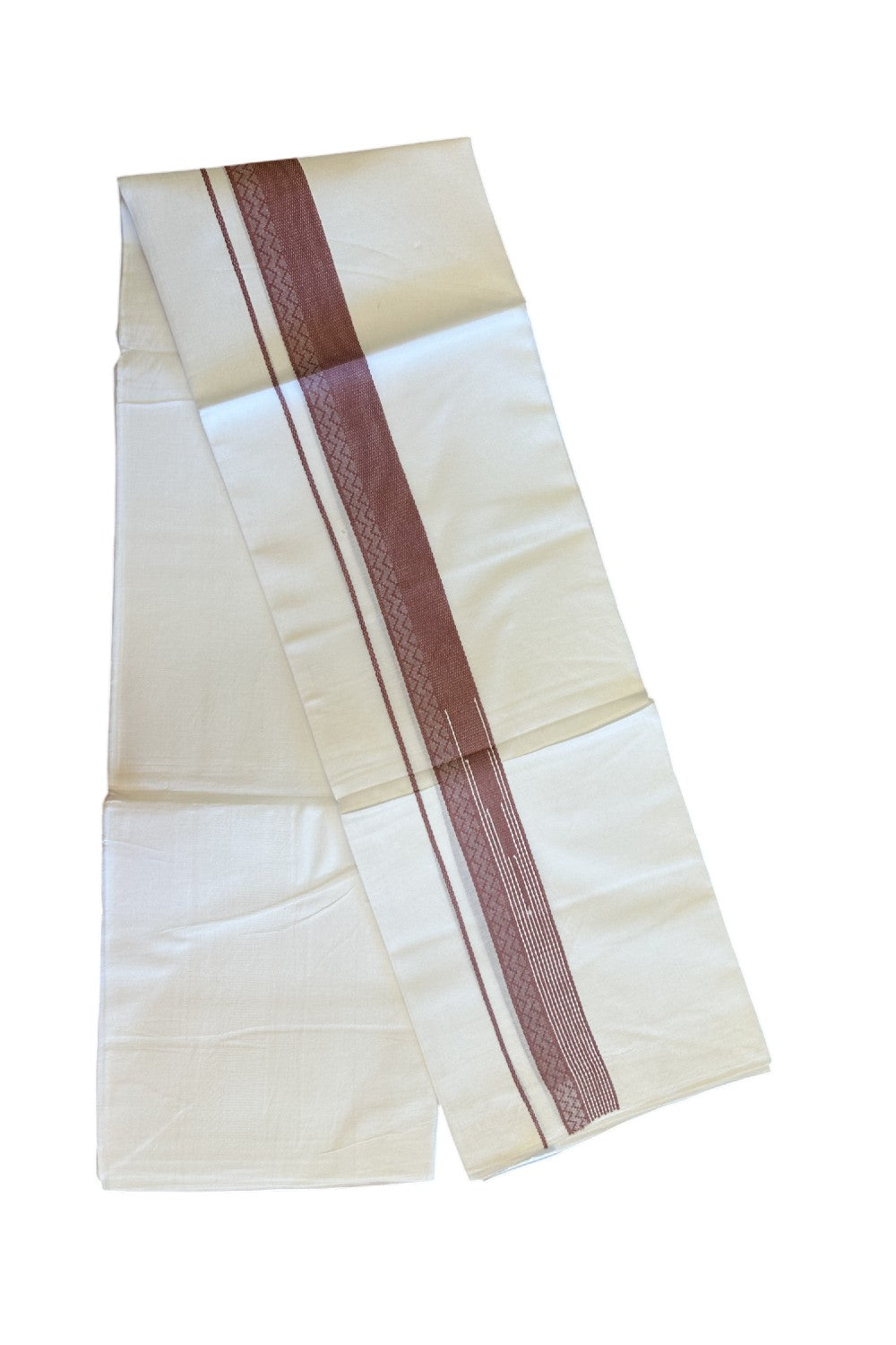 20% DISCOUNT!! Kaitharikada Balaramapuram 100% Cotton PURE WHITE Double Mundu/Dothi - 80X90 - 1.5 Inch Reddish Brown design Kara 3.70 m (8 Muzham) - 57KK5115THI