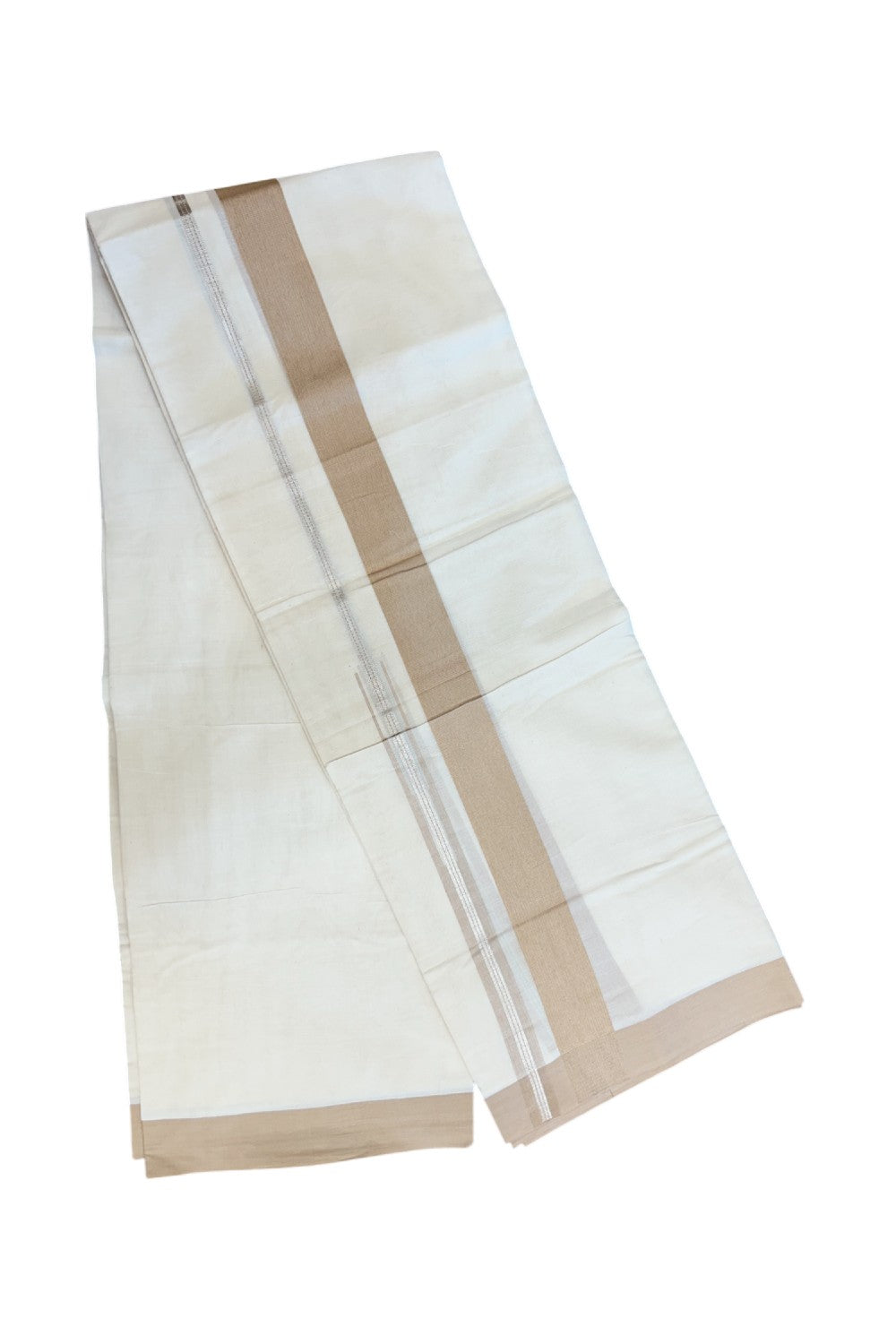 20% Discount ! KaithariKada Balaramapuram 100% Cotton Double OFF WHITE - (Unbleached) - Mundu / Dhoti- 100x80 - Puliyilakkara 1.5 inch Silver kasavu Sand brown striped chutty - 38KK5213 VIN