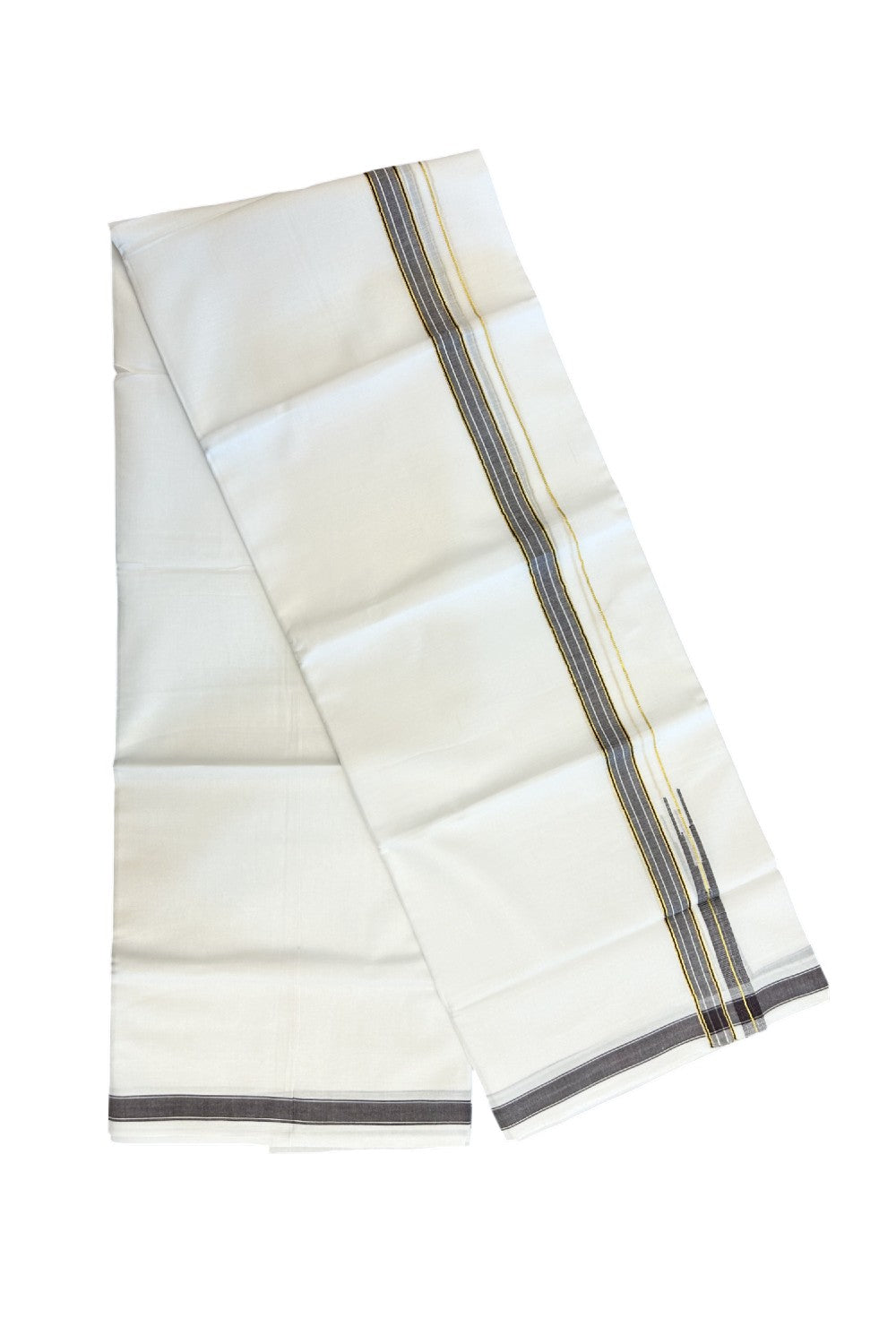 20% DISCOUNT!! Kaitharikada Balaramapuram 100% Pure Cotton PURE WHITE Double Mundu/Dothi - 100x80 - 0.75 Inch Dark Brown & Gold Kasavu shaded Stripes Puliyilakkara Chutty - 38KK5217 CKS