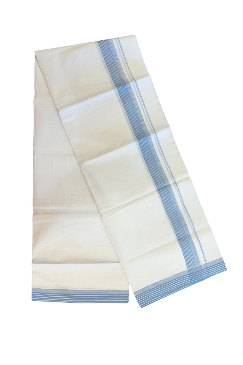 20% Discount ! Kaitharikada Balaramapuram 100% Cotton PURE WHITE Double Mundu/Dothi - 100x80 - 1.25 inch Dark Sky Blue Striped Kara 3.75 mtr (8 muzham) - 38KK5220 THI