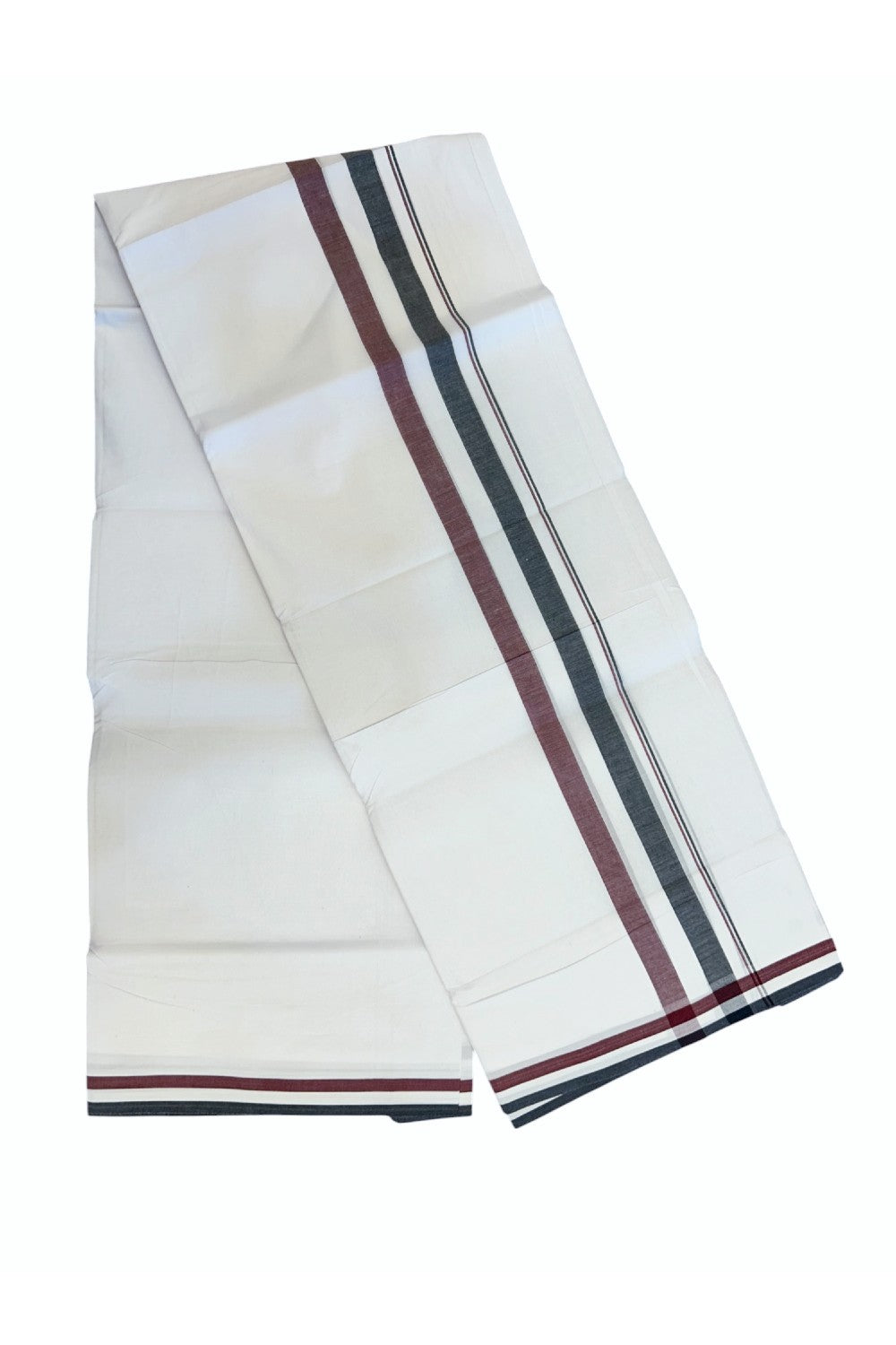 ADMK VESHTI - 20% DISCOUNT! KaithariKada 100% Cotton PURE WHITE Double Mundu/Dhoti - 100X100 - 2 inch Black White & Maroon kara 4 mtr (8.5 muzham) - 37KK5224 ASH